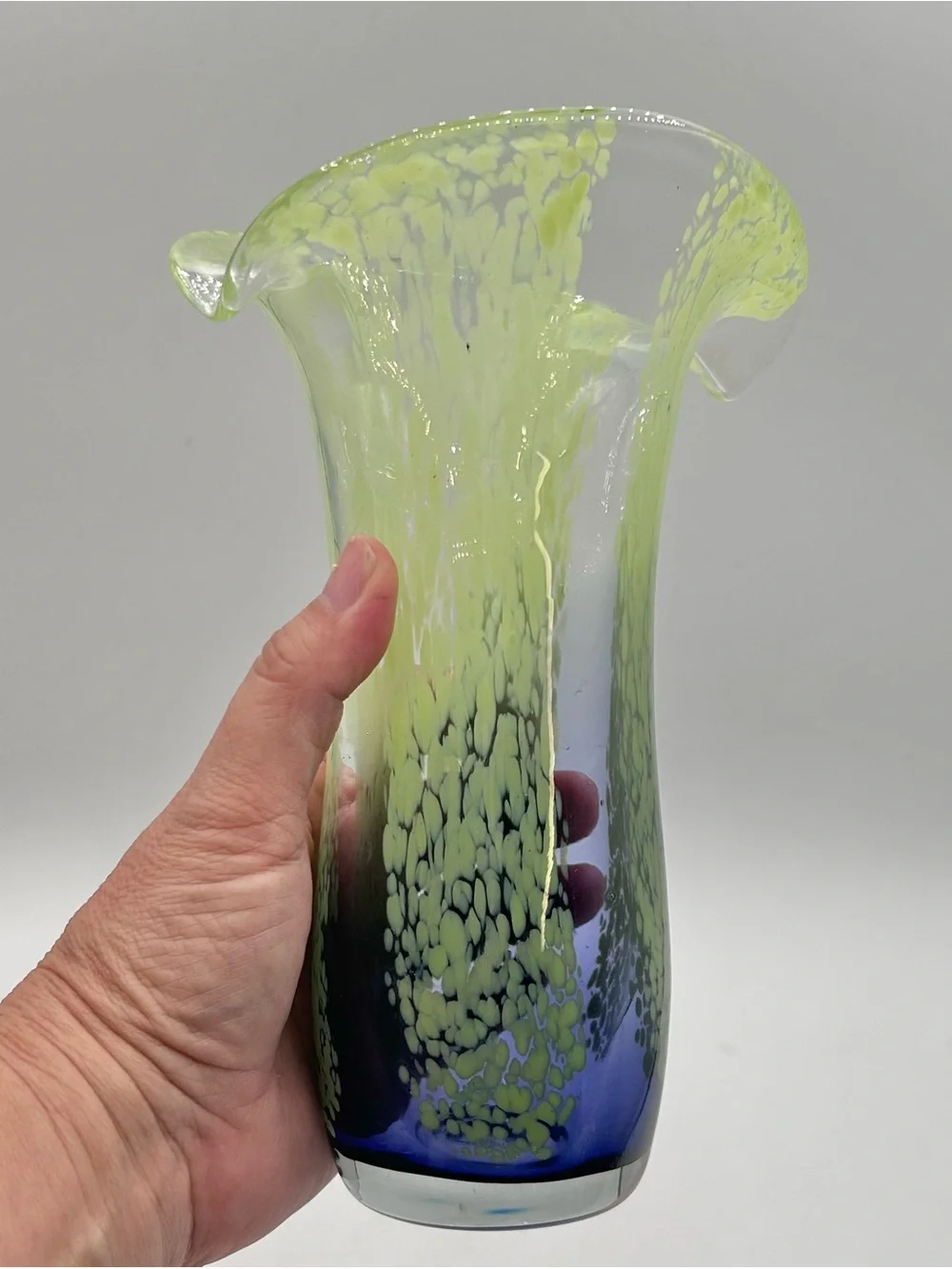 Vintage Teleflora Lime Green Blue Art Glass Vase Speckled Flared Lip Hand Blown